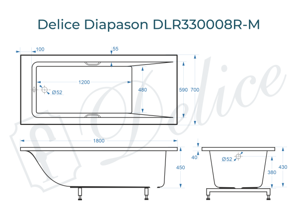 Ванна из литьевого мрамора Delice Diapason 180х70 матовая с ручками Хром DLR330008R-M
