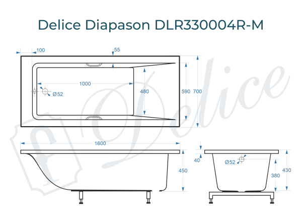 Ванна из литьевого мрамора Delice Diapason 160х70 матовая с ручками Хром DLR330004R-M