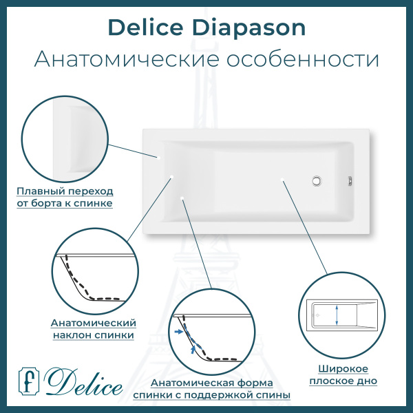 Ванна из литьевого мрамора Delice Diapason 180х80 матовая с черными ручками DLR330009RB-M