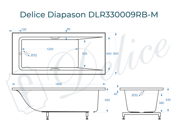Ванна из литьевого мрамора Delice Diapason 180х80 матовая с черными ручками DLR330009RB-M