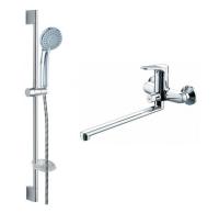 Набор для ванны Bravat Eco смеситель с длинным изливом, душевая штанга, душевая лейка Хром (F00414C)