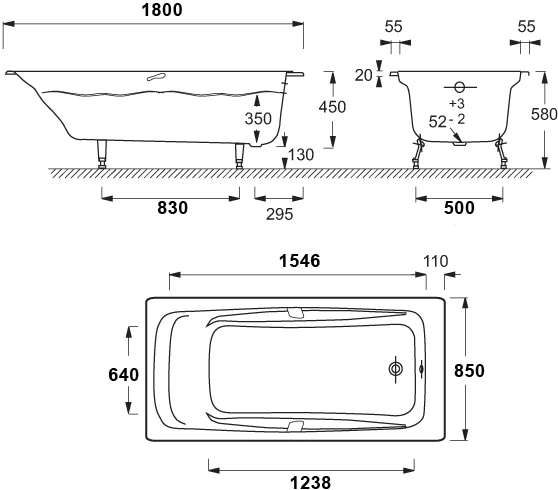 Ванна чугунная Jacob Delafon REPOS 180х85 с антискользящим покрытием, с отверстиями для ручек (E2903-00)