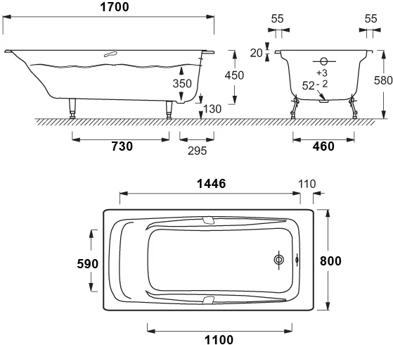 Ванна чугунная Jacob Delafon REPOS 170х80 с антискользящим покрытием, с отверстиями для ручек (E2915-00)
