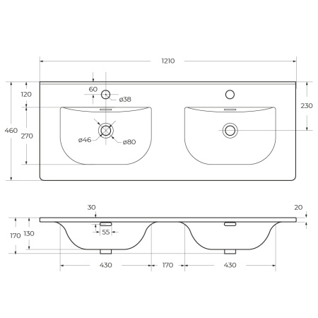 Керамическая раковина с двумя чашами CZR-8099-120-2, 1210x460x170