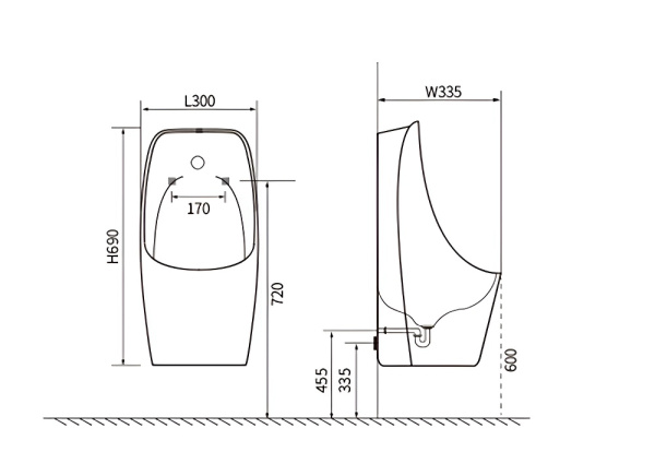 Писсуар Aquatek, горизонтальный выпуск, 300*335*690, белый, в комплекте с сенсорным смывным механизмом AQ3060-S-00