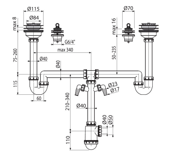 Сифон для двойной кухонной мойки Alcadrain  универсальный, белый (A8000)