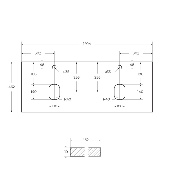 Столешница из МДФ с двумя отверстиями под раковину и с двумя отверстиями под смеситель, 1204x462x19 EK-120-2-BO Bianco Opaco