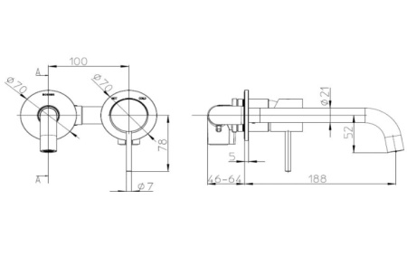 Комплект Bossini TEO Смеситель для раковины, настенный, встраиваемый, с изливом 18.5 см, черный матовый + Встраиваемая часть однорычажного смесителя (Z00730.073+Z00801)