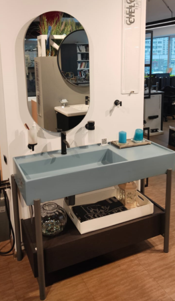 Комплект Cielo Plinio консоль с раковиной донным клапаном сифоном деревянным ящиком белой корзиной и зеркалом  I Catini цвет-Cemento P Cielo Plinio Set