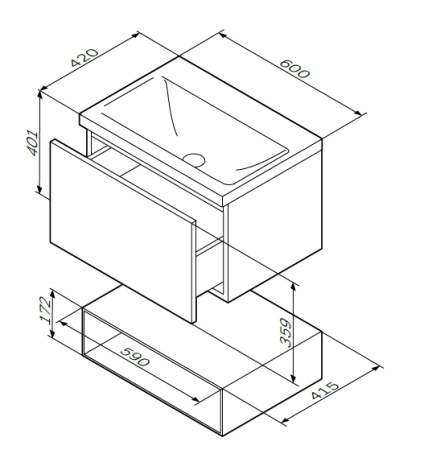 AM.PM M90FHX06021WG GEM, База под раковину, подвесная, 60 см, 1 ящик push-to-open, цвет: белый, глянец