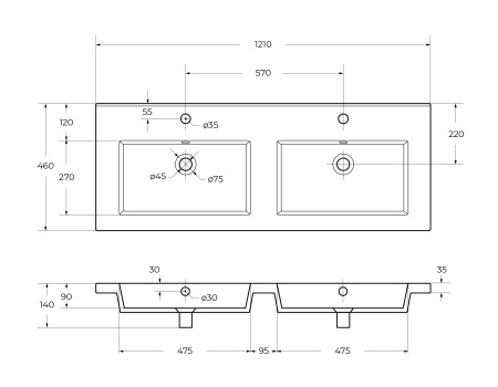 Керамическая раковина с двумя чашами CZR-8070-120-2, 1210x460x140