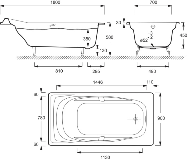 Ванна чугунная Jacob Delafon REPOS 180х90 с антискользящим покрытием, с отверстиями для ручек (E2902-00)