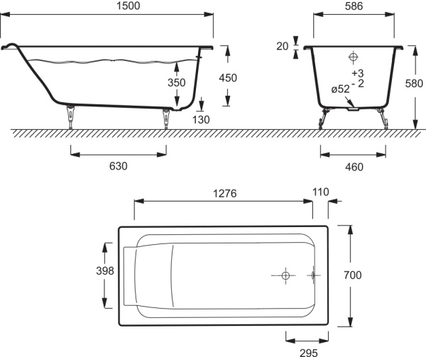 Ванна чугунная Jacob Delafon PARALLEL 150x70 см с антискользящим покрытием, без отверстий для ручек, без ножек, белая (E2946-00)