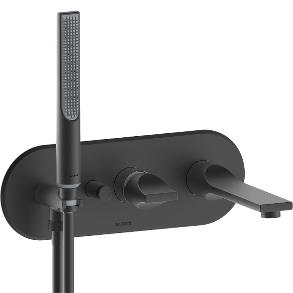 Комплект Bossini APICE Смеситель для ванны, встраиваемый, однорычажный, с ручным душем Slim и шлангом 1500 мм., черный матовый + Встраиваемая часть (Z00555.073+Z00546000)
