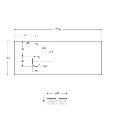 Столешница из МДФ, асимметричное левостороннее расположение отверстий для раковины и смесителя, 1204x462x19 EK-120-AS-BO-L Bianco Opaco