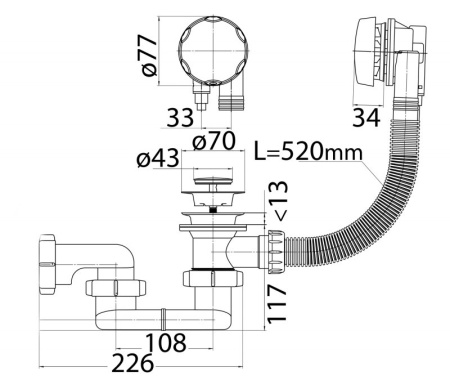 Слив-перелив полуавтомат для акриловой ванны 520 мм, с гибкой трубой CZR-STP1-01