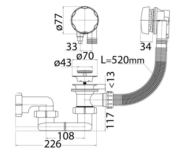 Слив-перелив полуавтомат для акриловой ванны 520 мм, с гибкой трубой CZR-STP1-01