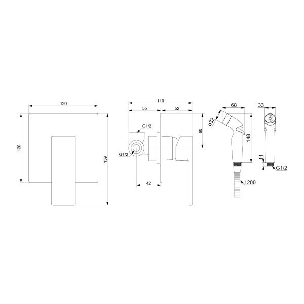 Damixa 537510300 Gala Смеситель монтируемый в стену с гиг.душем, черный