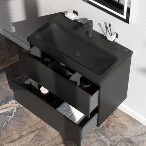AM.PM M90FHX07522BM GEM, База под раковину, подвесная, 75 см, 2 ящика push-to-open, цвет: черный матовый