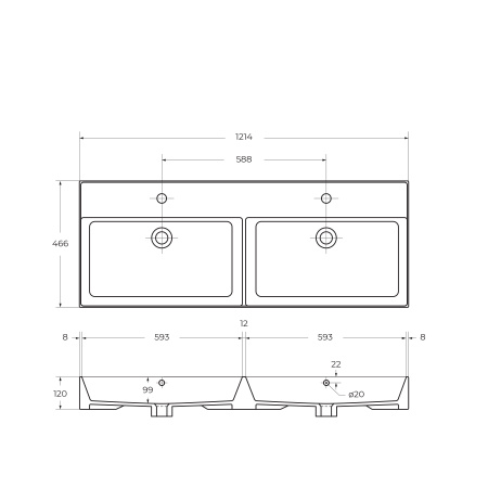 CEZARES Раковина керамическая двойная 1200x465, CZR-MIL-120-2-LVB