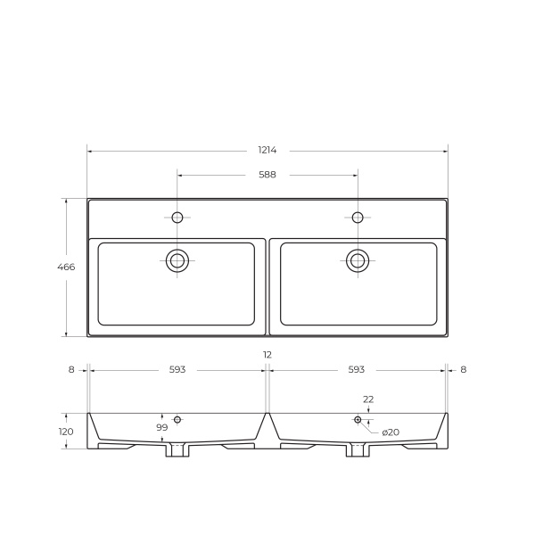CEZARES Раковина керамическая двойная 1200x465, CZR-MIL-120-2-LVB