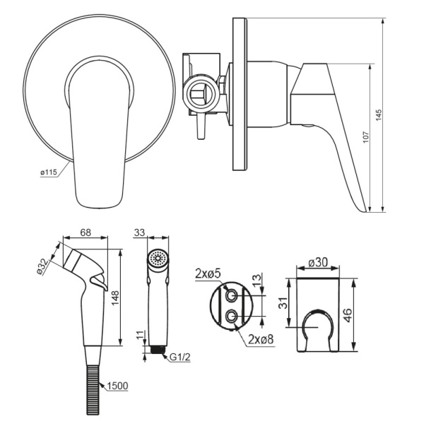 Damixa 777510300 Jupiter, смеситель монтируемый в стену с гиг. душем, черный