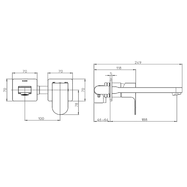 Комплект Bossini TEO Смеситель для раковины, настенный, встраиваемый, с изливом 18.5 см, черный матовый + Встраиваемая часть однорычажного смесителя (Z00732.073+Z00801)