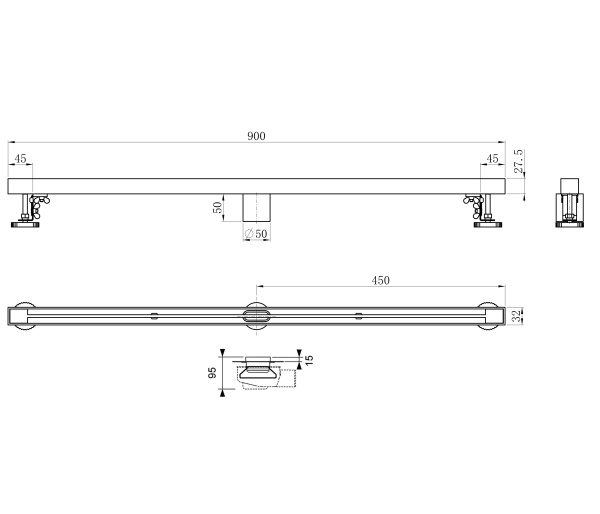 Душевой трап 90 см WONZON & WOGHAND, Темный графит (WW-65409T-GM)