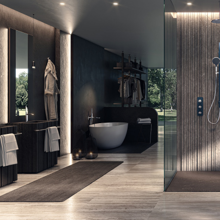 Комплект Bossini APICE Смеситель для ванны, встраиваемый, однорычажный, с ручным душем Slim и шлангом 1500 мм., черный матовый + Встраиваемая часть (Z00555.073+Z00546000)