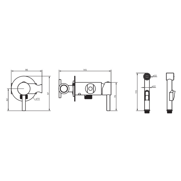 Dorff D3075000BL Logic  смеситель с гигиеническим душем, встроенный, цвет черный