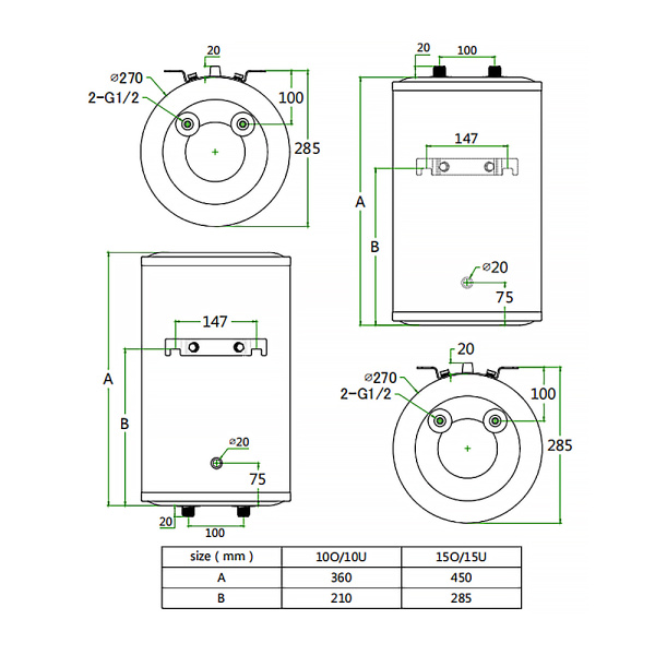 Водонагреватель электрический AZARIO 15 литров, накопительного типа, 1.5 кВт. Вертикальный, метал. корпус (AZW 15 LUX)