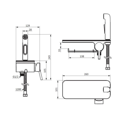 Damixa 773500301 Jupiter, смеситель монтируемый в стену с гиг. душем и полкой, черный