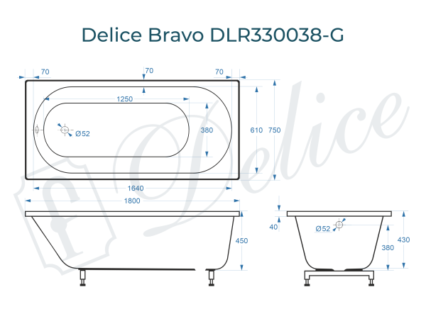 Ванна из литьевого мрамора Delice Bravo 180х75 глянцевая DLR330038-G