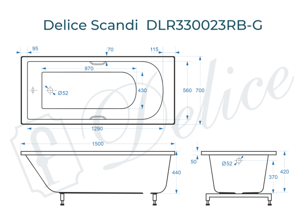 Ванна из литьевого мрамора Delice Scandi 150х70 глянцевая с черными ручками DLR330023RB-G
