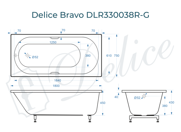 Ванна из литьевого мрамора Delice Bravo 180х75 глянцевая с ручками Хром DLR330038R-G