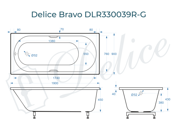 Ванна из литьевого мрамора Delice Bravo 190х90 глянцевая с ручками Хром DLR330039R-G