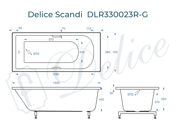 Ванна из литьевого мрамора Delice Scandi 150х70 глянцевая с ручками Хром DLR330023R-G