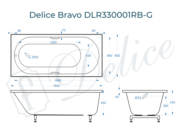 Ванна из литьевого мрамора Delice Bravo 180х80 глянцевая с черными ручками DLR330001RB-G