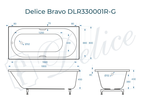 Ванна из литьевого мрамора Delice Bravo 180х80 глянцевая с ручками Хром DLR330001R-G